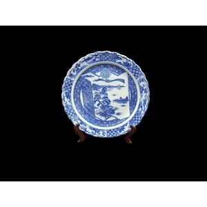 Japanese 19th Century Blue and White Porcelain Plate with Landscapes and Flowers